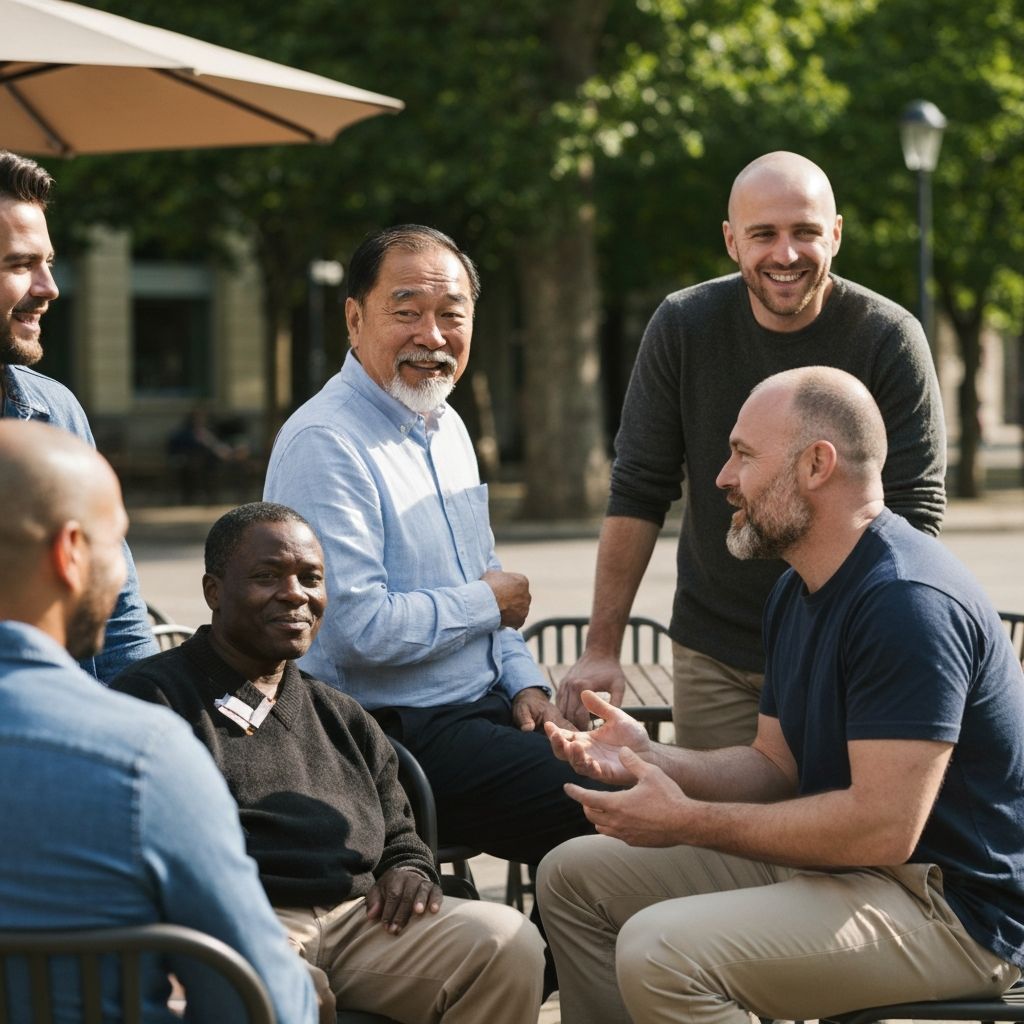 Men in social gathering outdoors